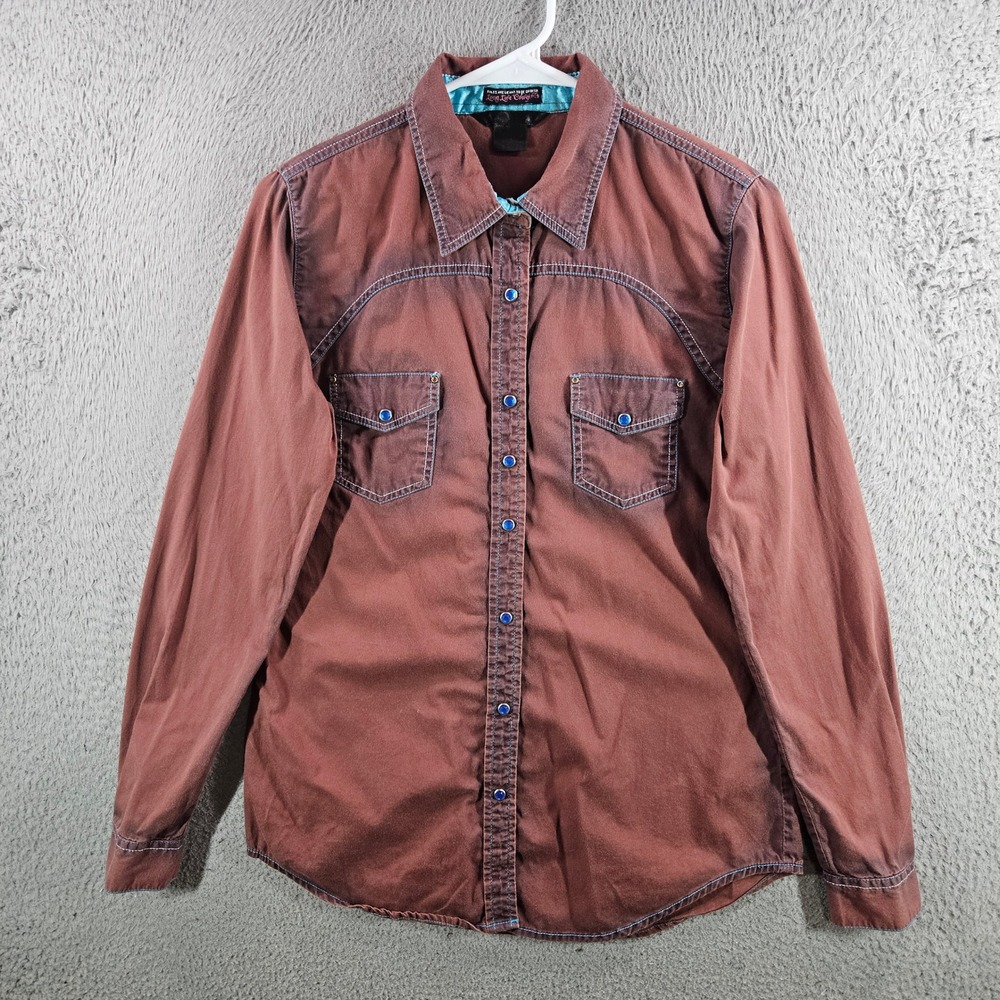 Long Live Cowgirls Womens Western Snap Shirt Burgundy Red Blue Stitch M